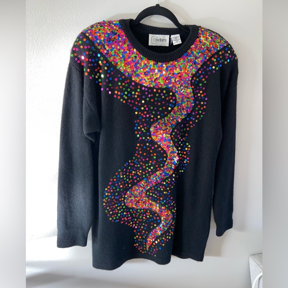Vintage Real Fur Blend Sequined Holiday Style Sweater Size M